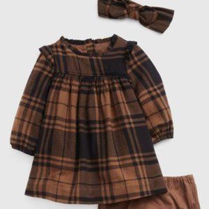 NWT GAPKids Brown & Black Plaid Long Sleeve Dress with Matching Headband